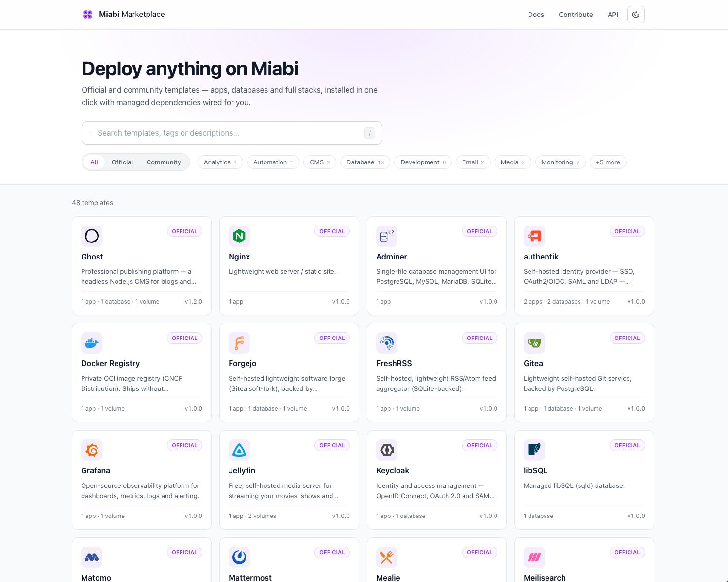 Miabi Marketplace — official and community application templates